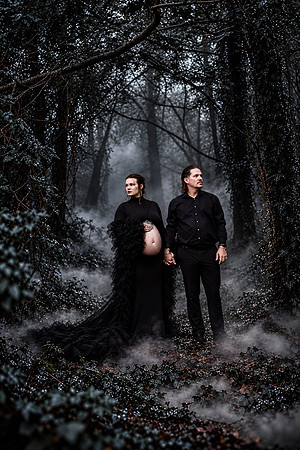 Gothic Maternity Portrait in a Misty Forest