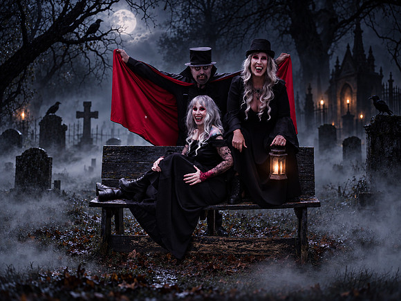 Midnight Vampires in the Foggy Cemetery