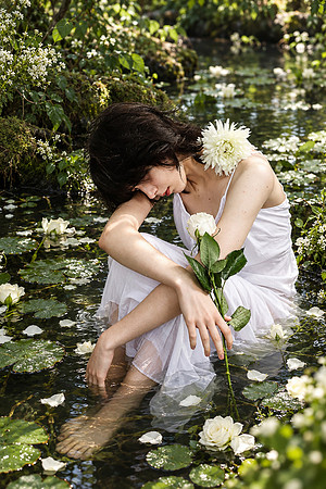 Dreamy White Rose Ophelia in Lily Pond